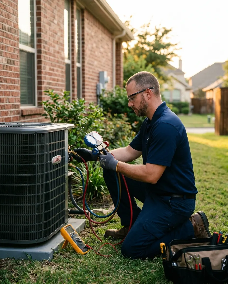 An HVAC technician servicing an outdoor condenser unit